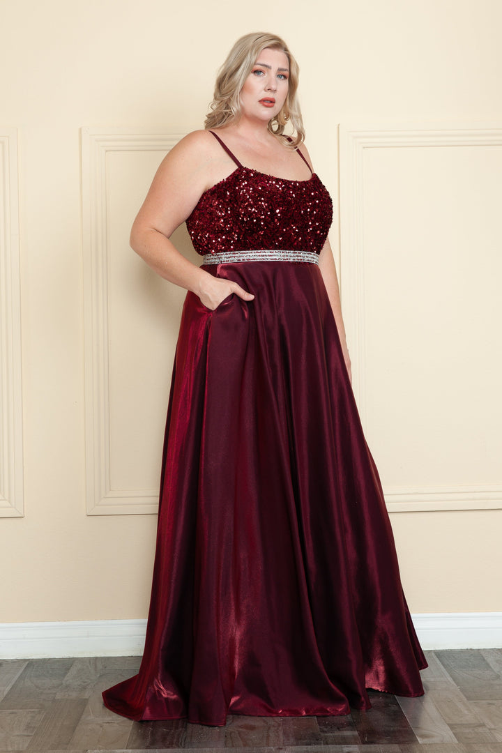 Plus Size Long Satin Dress with Sequin Bodice by Poly USA W1018