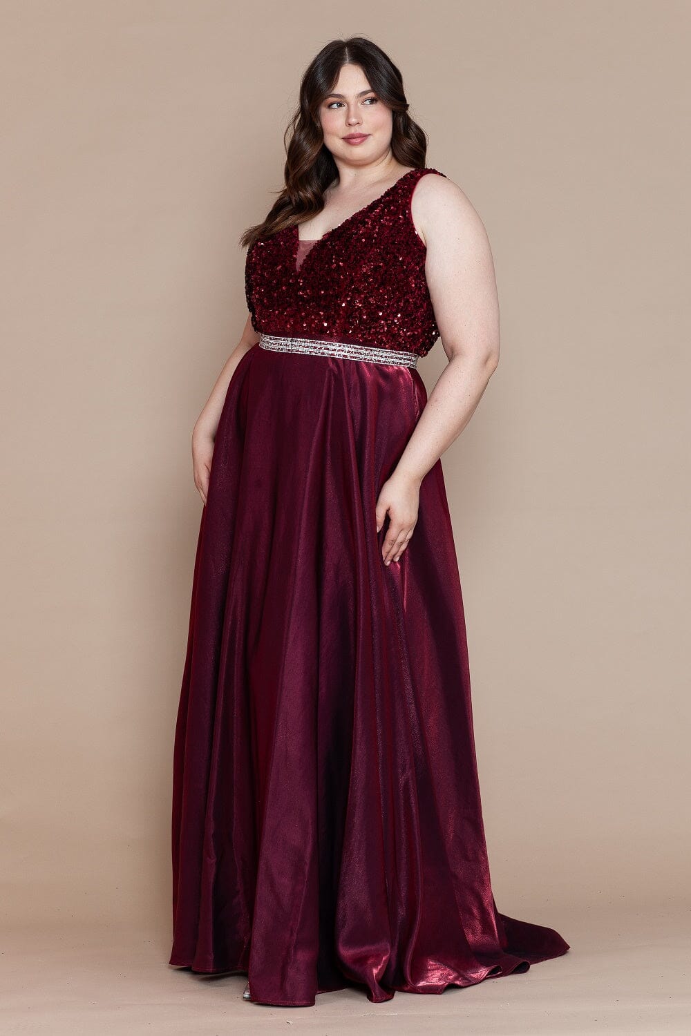 Plus Size Long Sequin Bodice Satin Dress by Poly USA W1006