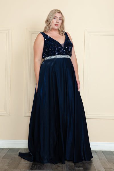 Plus Size Long Sequin Bodice Satin Dress by Poly USA W1006