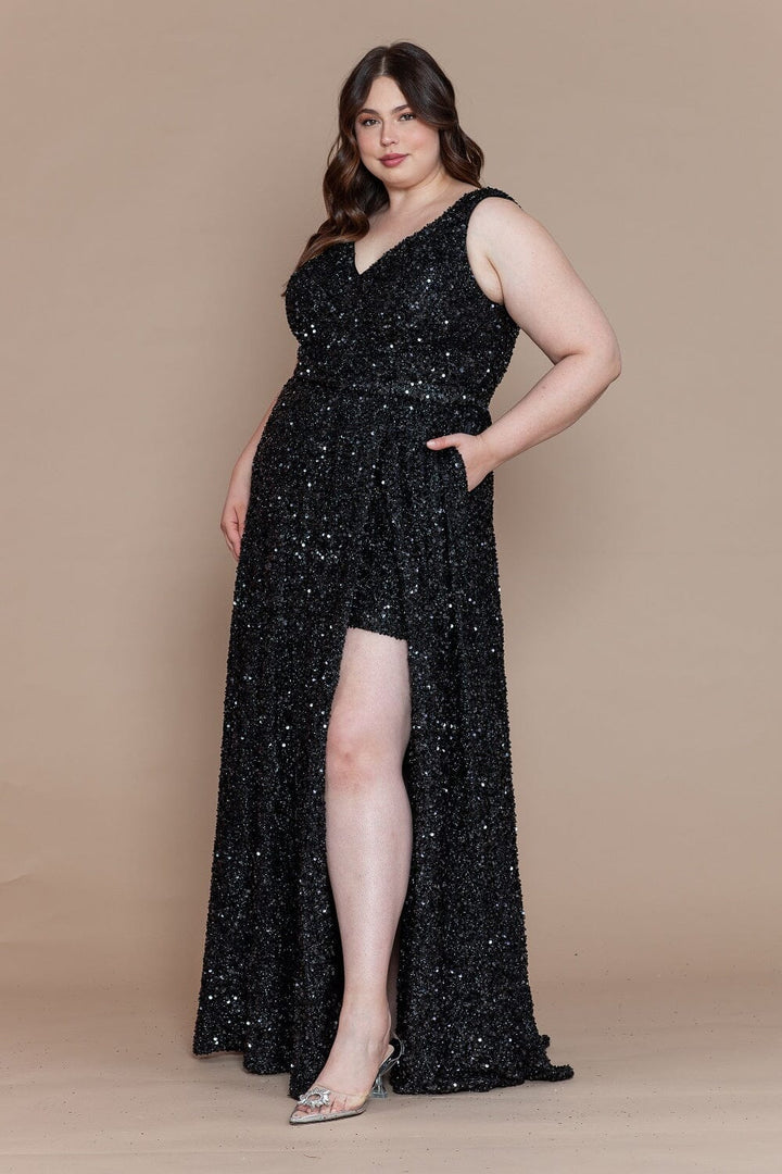 Plus Size Long Sequin V-Neck Dress by Poly USA W1128