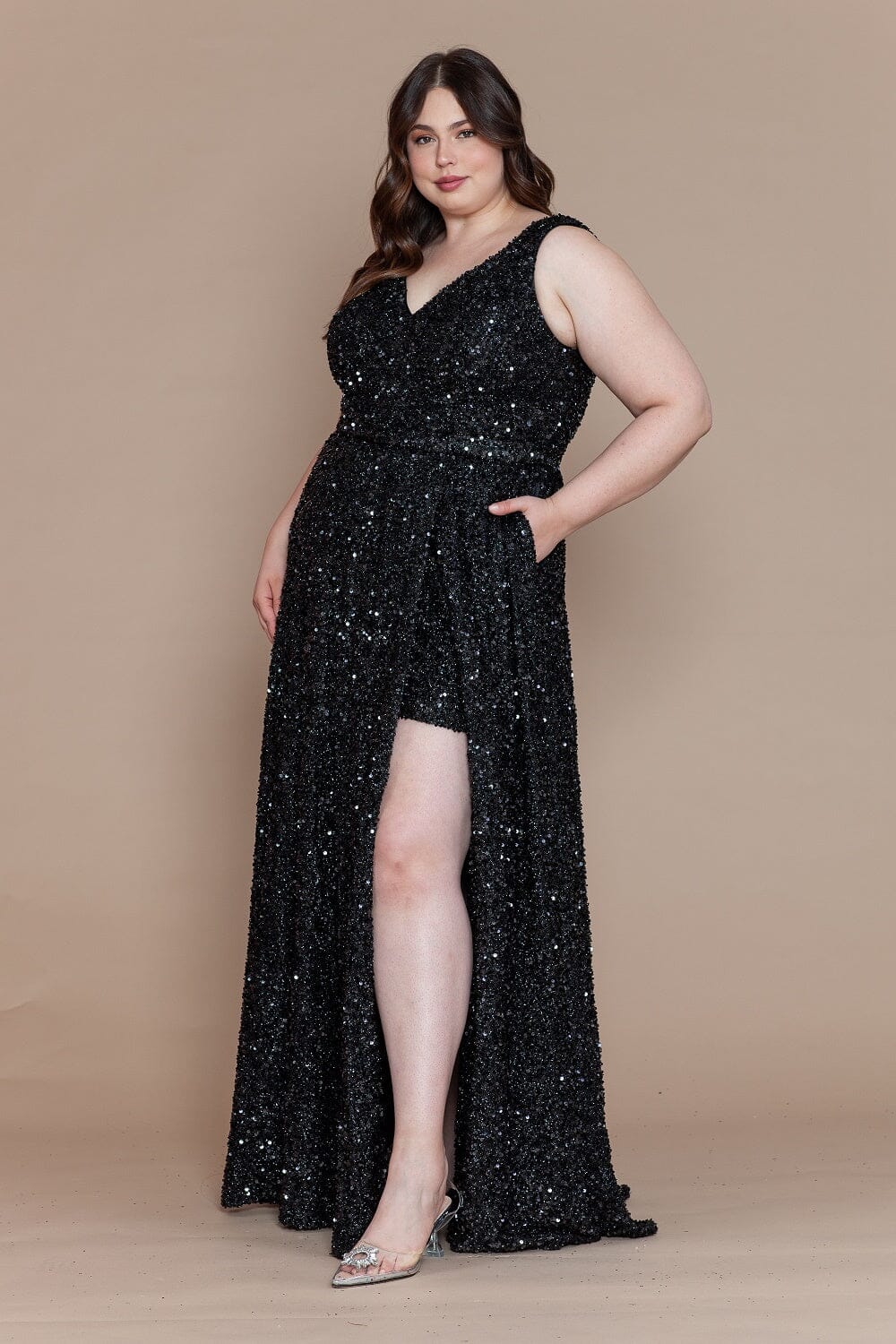 Poly USA W1128 Plus Size Long Sequin V-Neck Dress | FormalDressShops Black / 18W Poly USA W1128 Plus Size Long Sequin V-Neck Dress | FormalDressShops Black / 18W