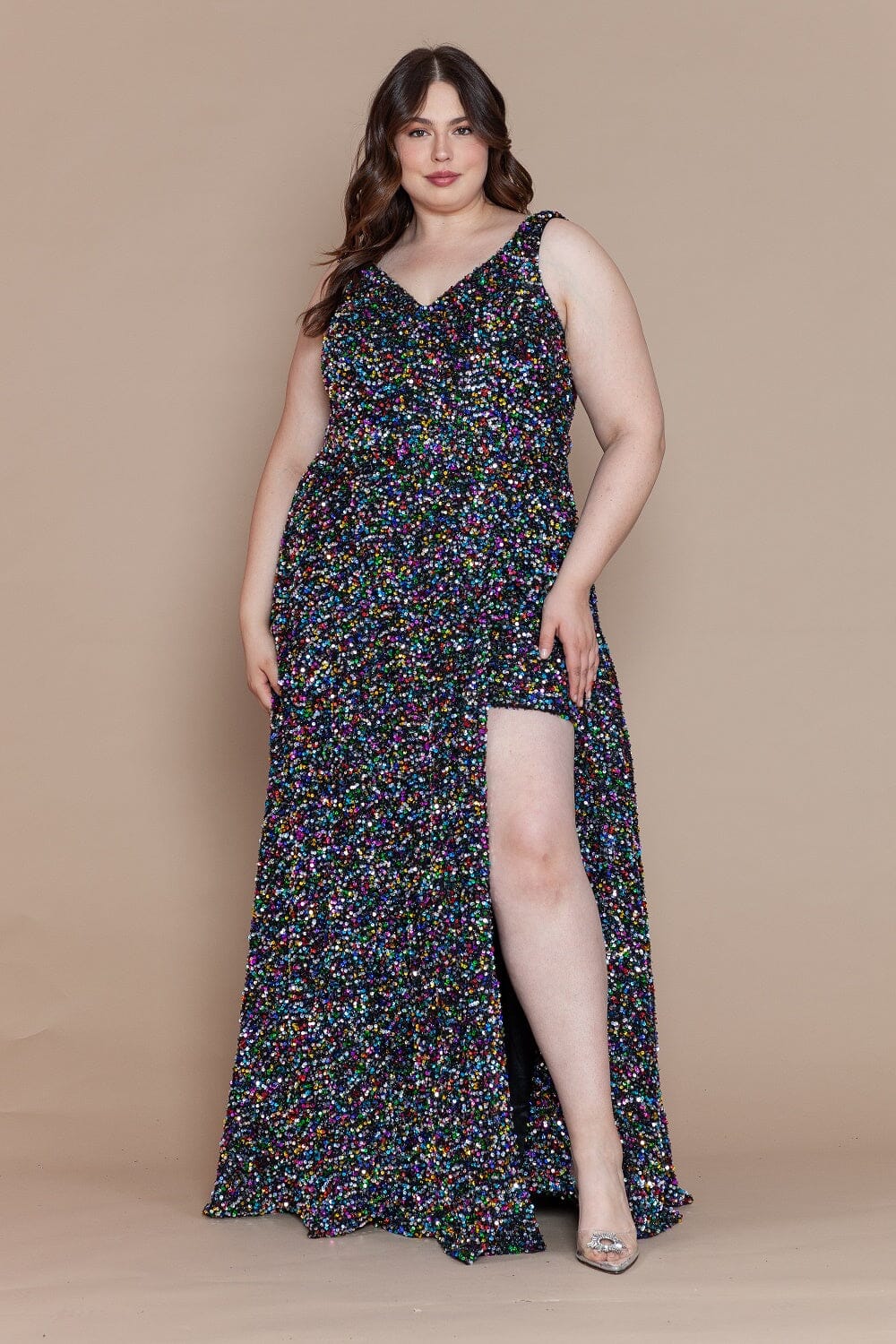 Plus Size Long Sequin V-Neck Dress by Poly USA W1128