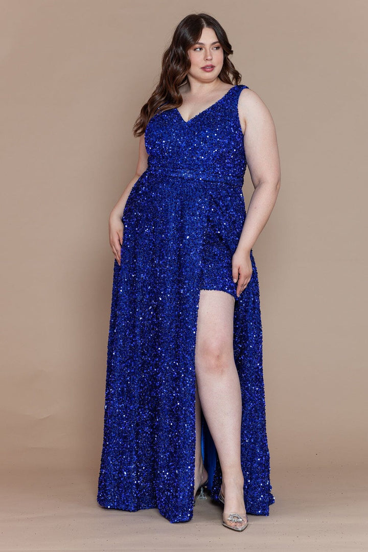 Plus Size Long Sequin V-Neck Dress by Poly USA W1128