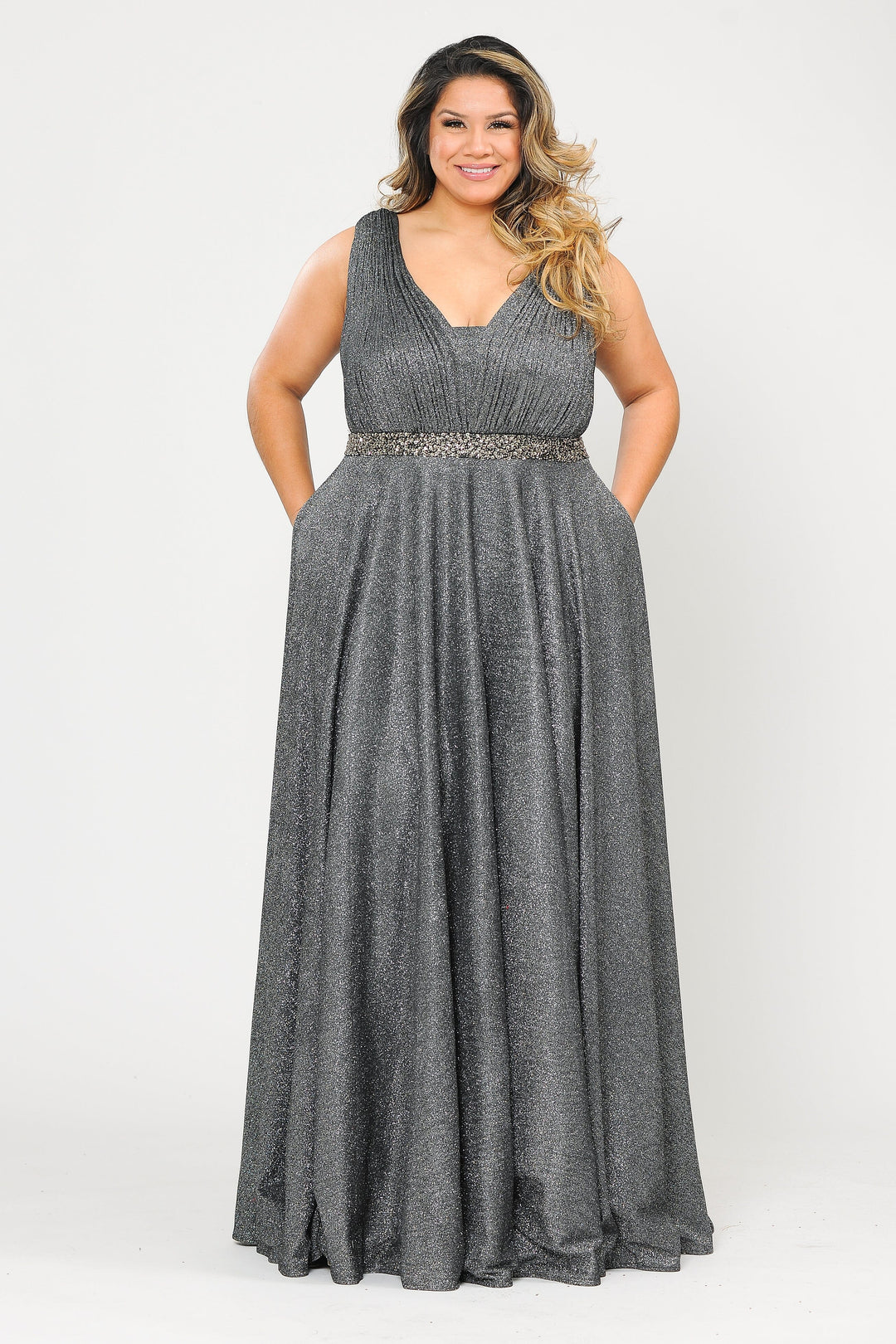 Plus Size Long Sleeveless A-line Glitter Dress by Poly USA W1082