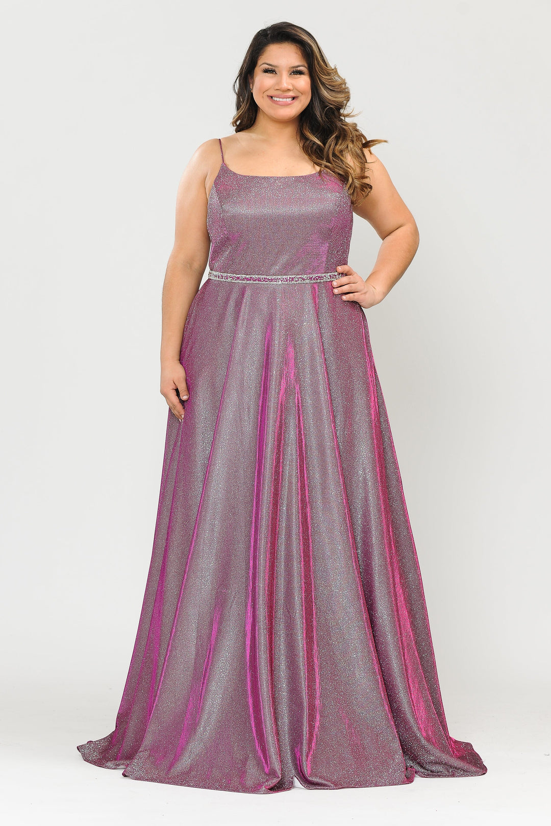 Plus Size Long Square Neck Glitter Dress by Poly USA W1038