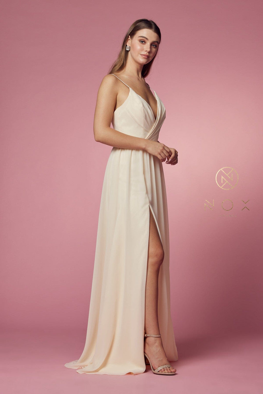 Plus Size Long V-Neck Dress with Slit by Nox Anabel R275P