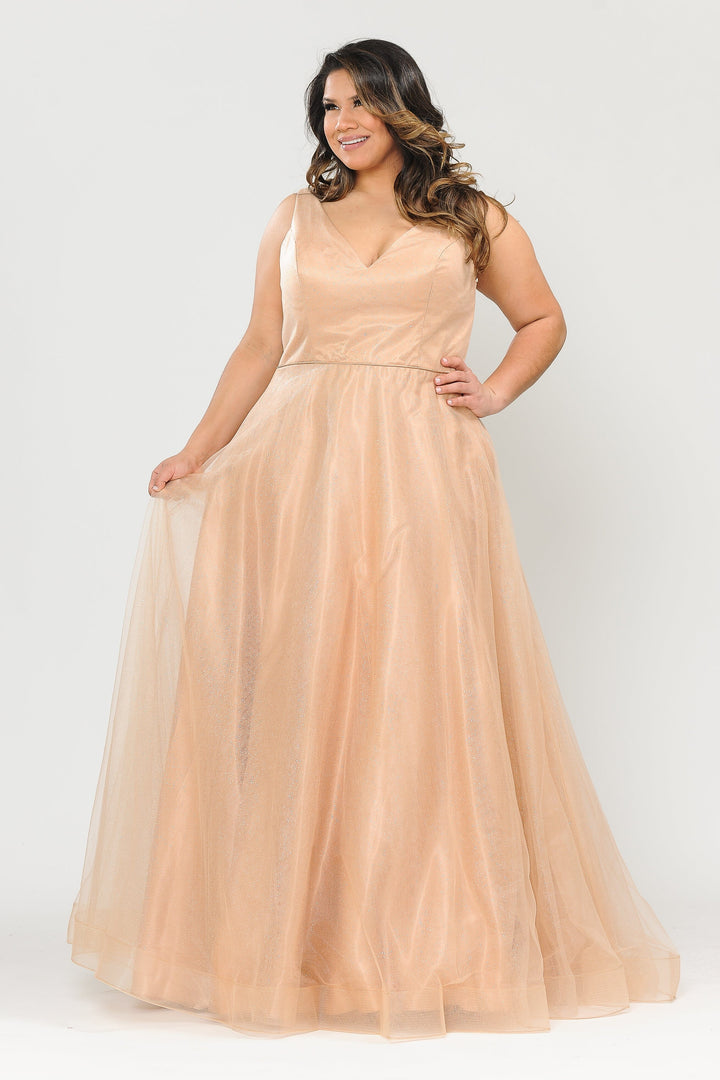 Plus Size Long V-Neck Glitter Dress by Poly USA W1024