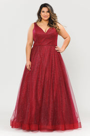 Plus Size Long V-Neck Glitter Dress by Poly USA W1024
