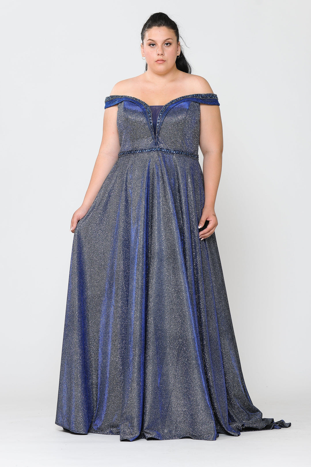 Plus Size Off Shoulder Metallic Glitter Gown by Poly USA W1096