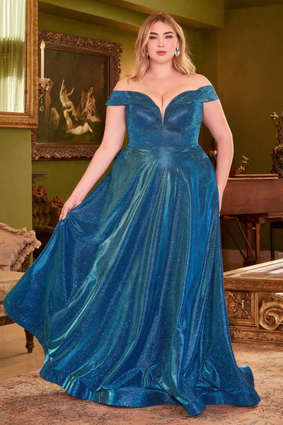 Plus Size Off Shoulder Metallic Gown by Cinderella Divine CD210C