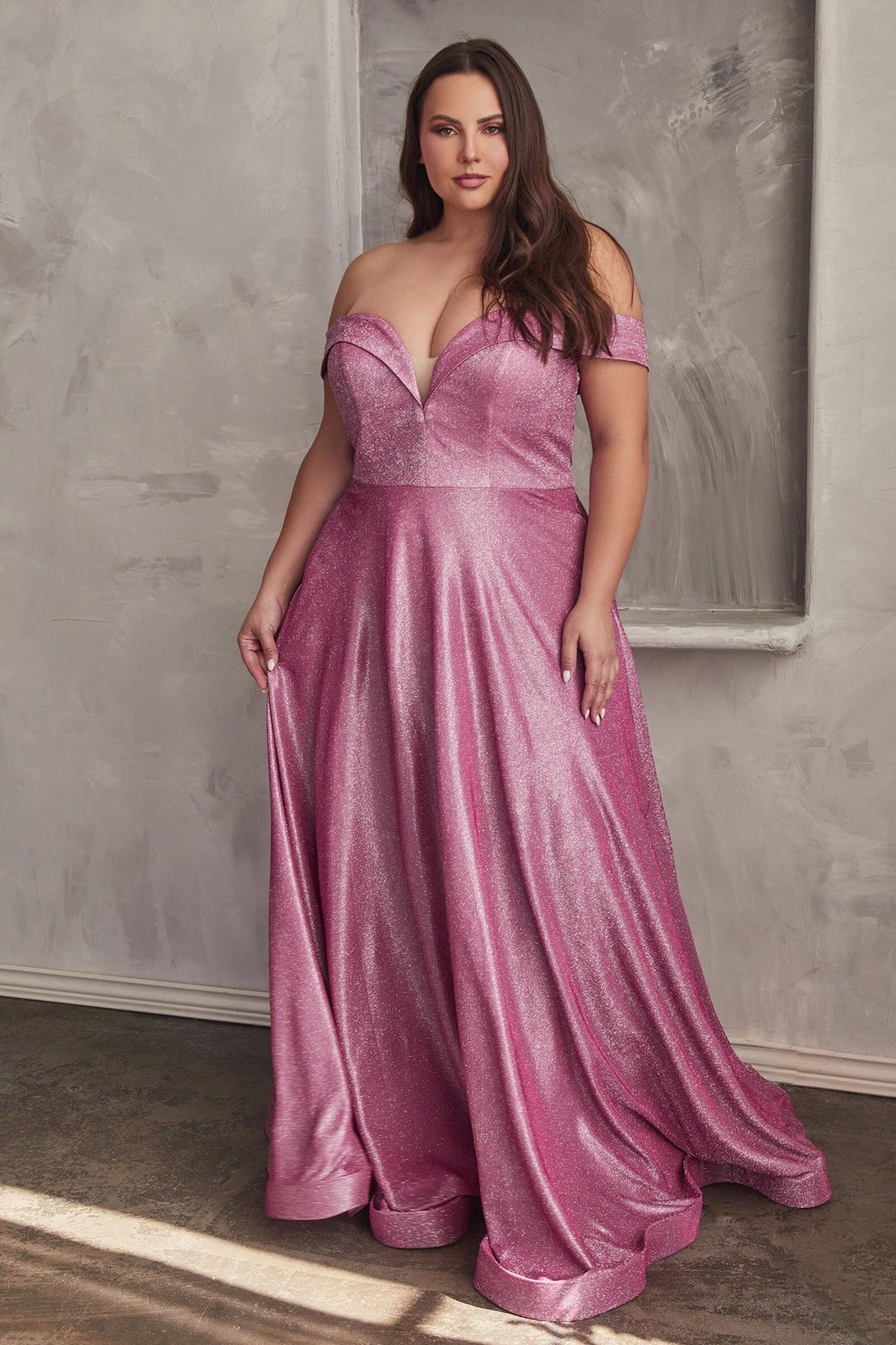 Plus Size Off Shoulder Metallic Gown by Cinderella Divine CD210C