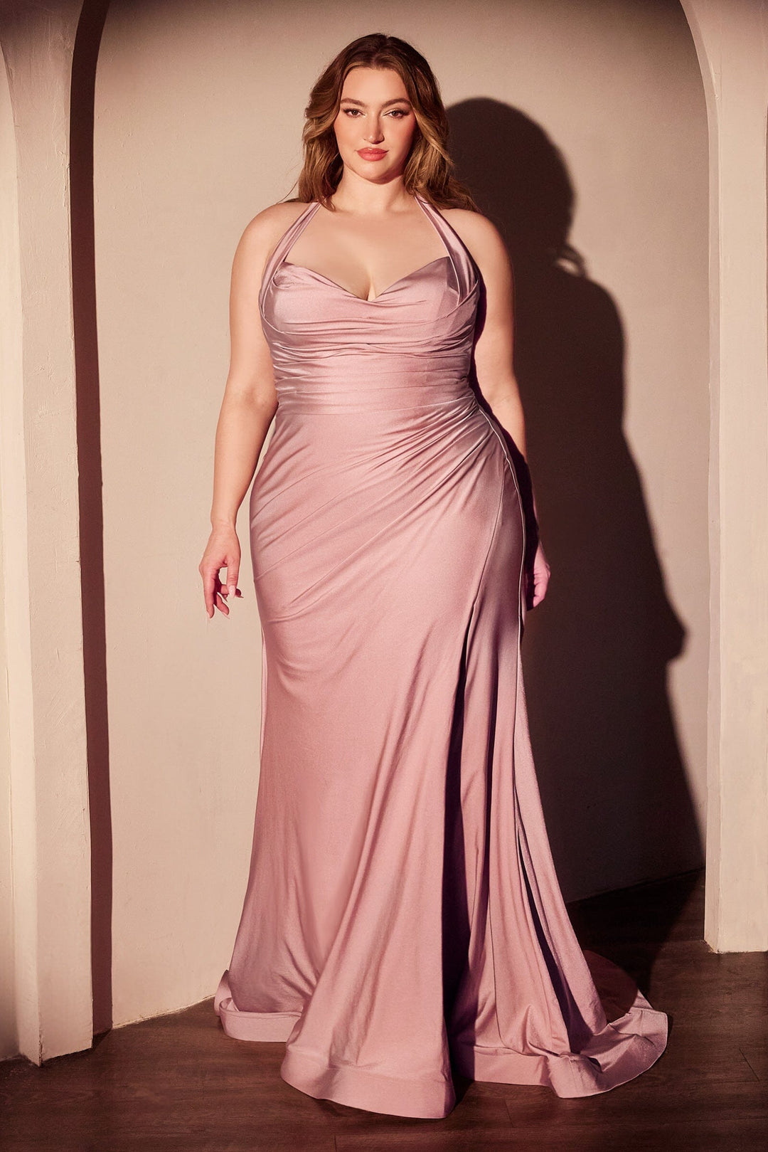 Plus Size Satin Fitted Halter Slit Gown by Ladivine CD796C ABC Fashion Plus Size Satin Fitted Halter Slit Gown by Ladivine CD796C ABC Fashion