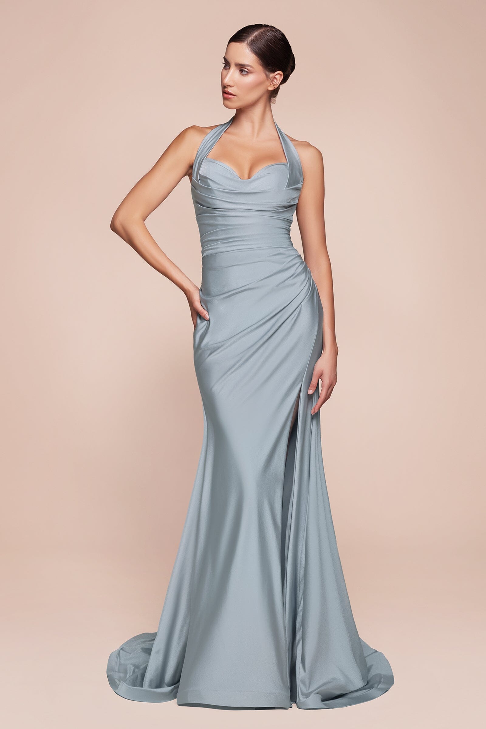 Plus Size Satin Fitted Halter Slit Gown by Ladivine CD796C – ABC