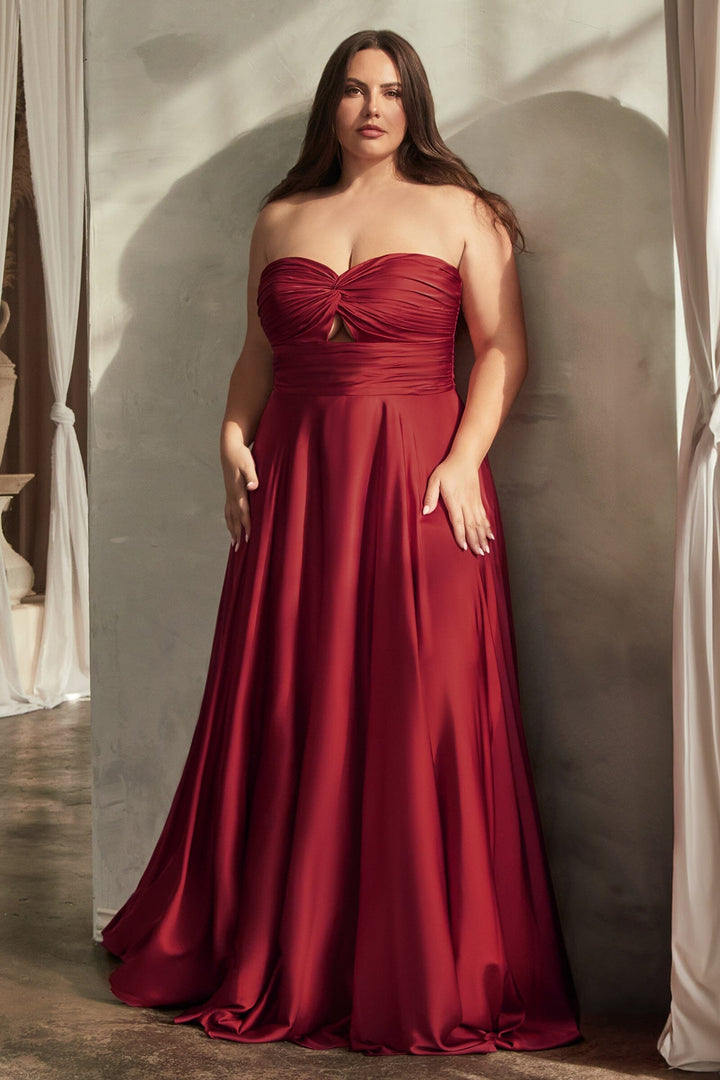 Plus Size Satin Strapless Keyhole Gown by Ladivine 7496C