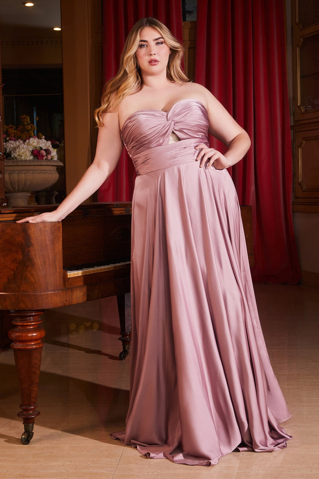 Plus Size Satin Strapless Keyhole Gown by Ladivine 7496C