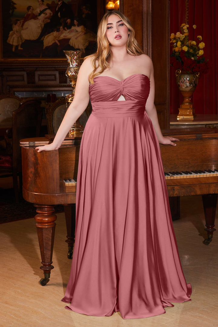 Plus Size Satin Strapless Keyhole Gown by Ladivine 7496C