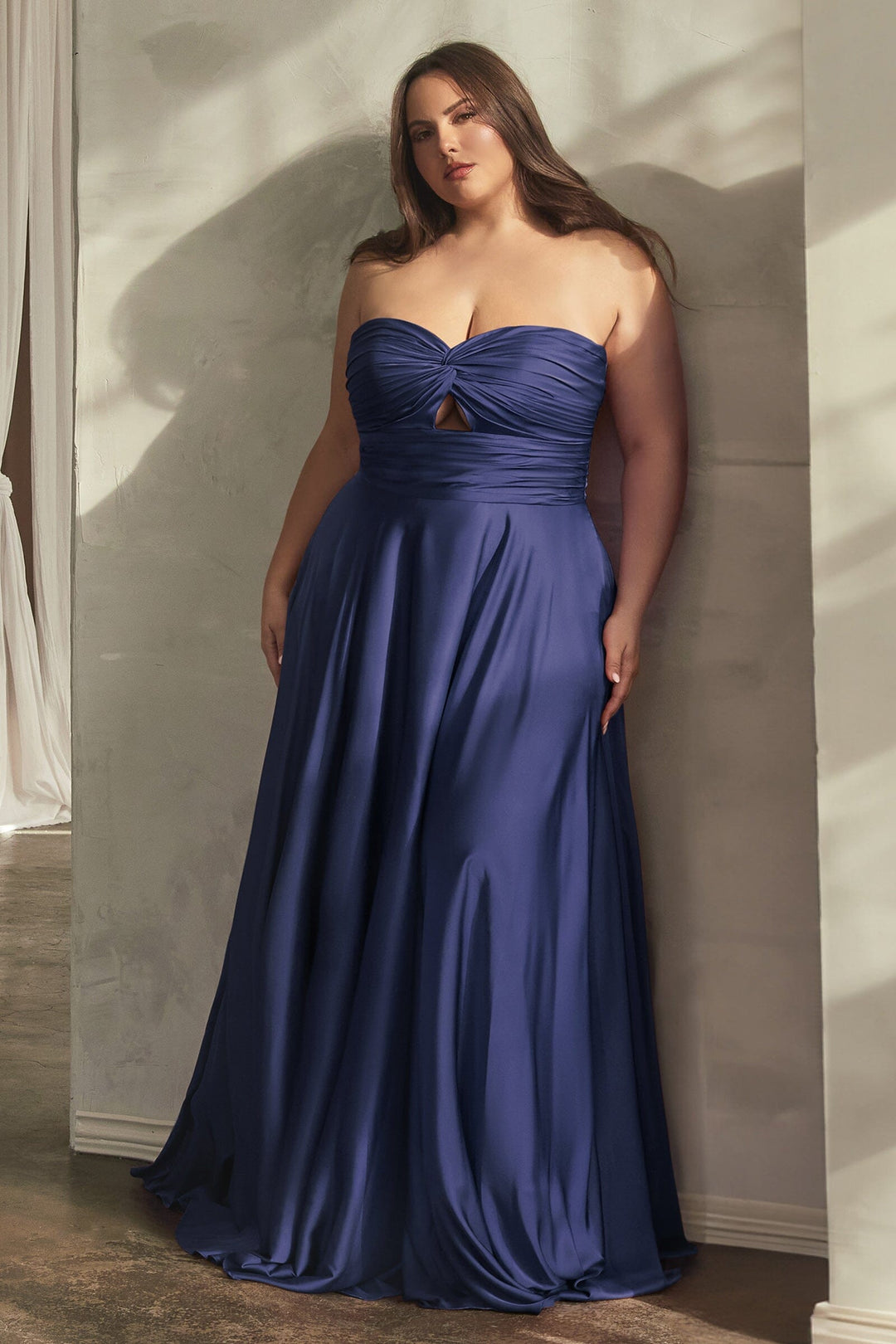 Plus Size Satin Strapless Keyhole Gown by Ladivine 7496C