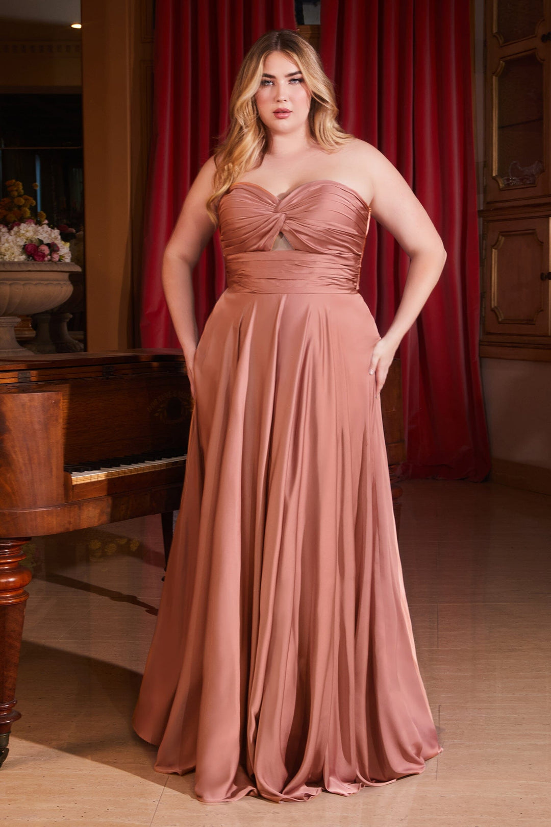 Plus Size Satin Strapless Keyhole Gown by Ladivine 7496C