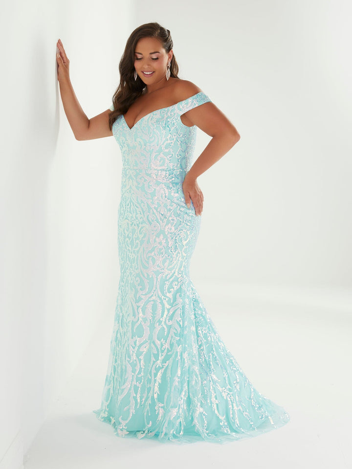 Plus Size Sequin Print Off Shoulder Gown by Tiffany Designs 16962