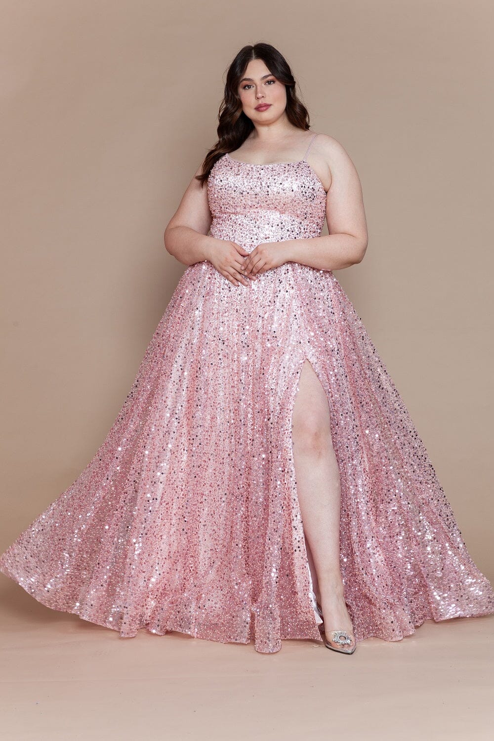 Poly USA W1142 Plus Size Sequin Sleeveless A-line Slit Gown | FormalDressShops Blush / 14W Poly USA W1142 Plus Size Sequin Sleeveless A-line Slit Gown | FormalDressShops Blush / 14W