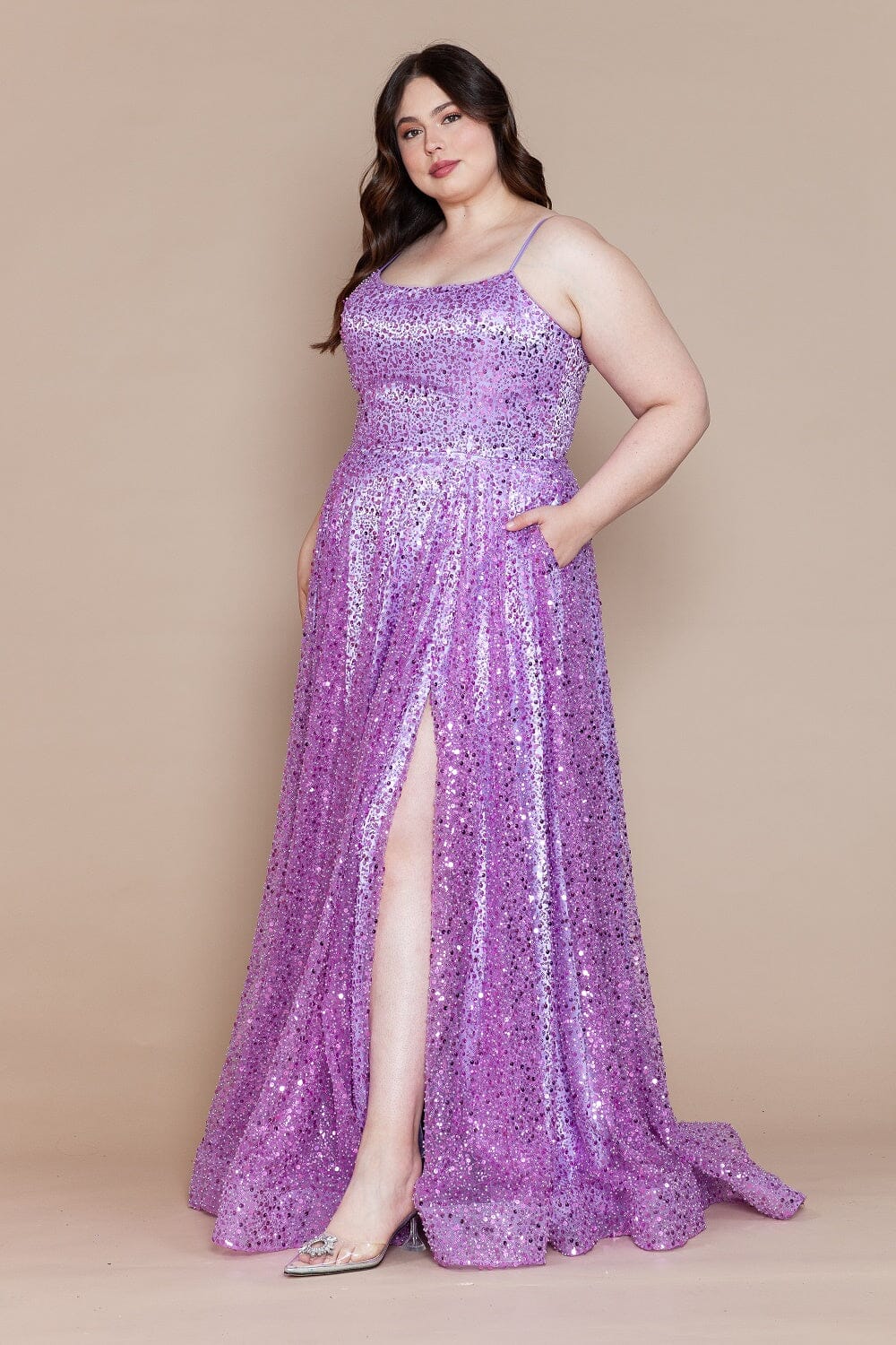 Poly USA W1142 Plus Size Sequin Sleeveless A-line Slit Gown | FormalDressShops Lavender / 18W Poly USA W1142 Plus Size Sequin Sleeveless A-line Slit Gown | FormalDressShops Lavender / 18W