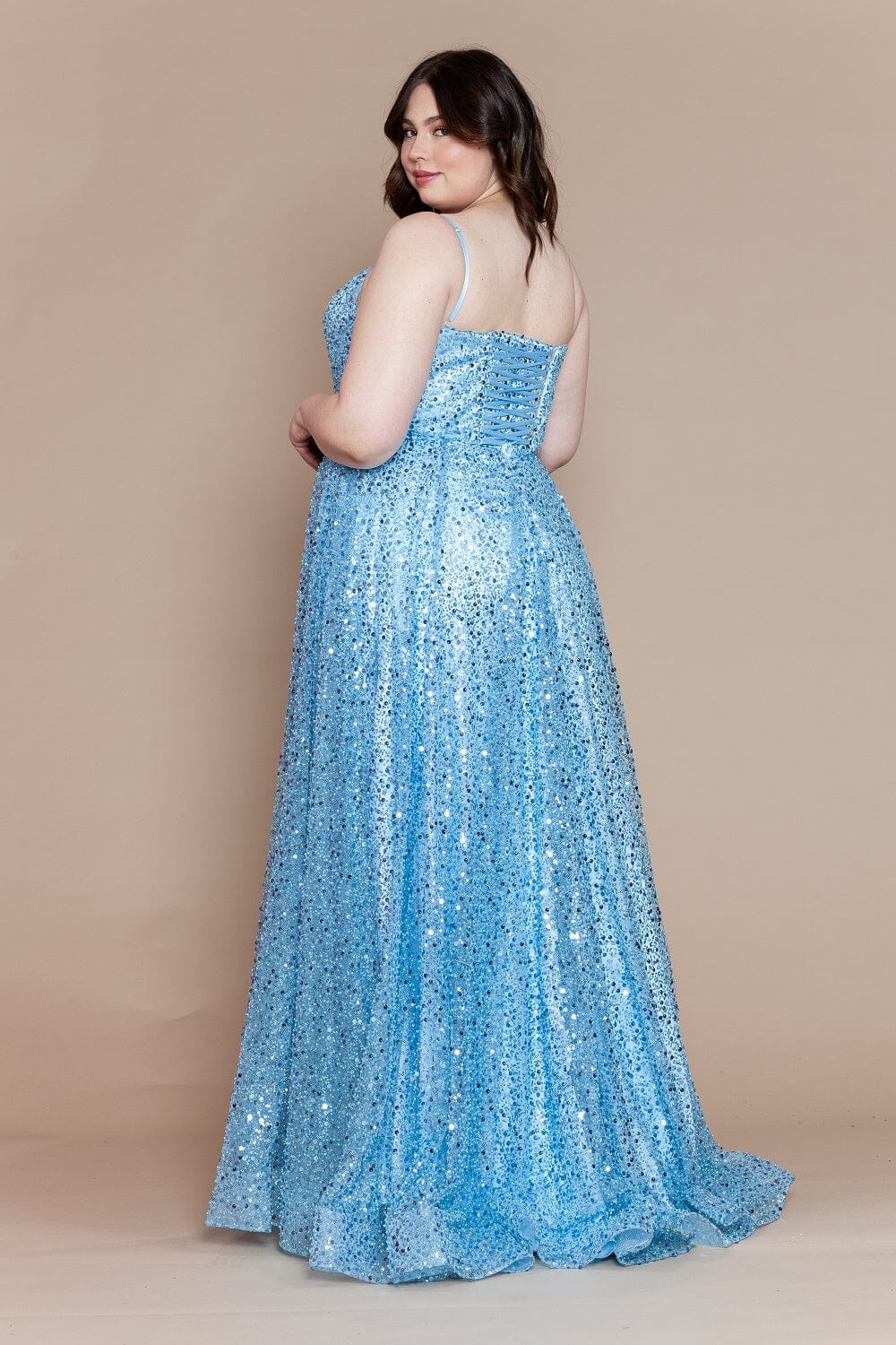 Plus Size Sequin Sleeveless A-line Slit Gown by Poly USA W1142