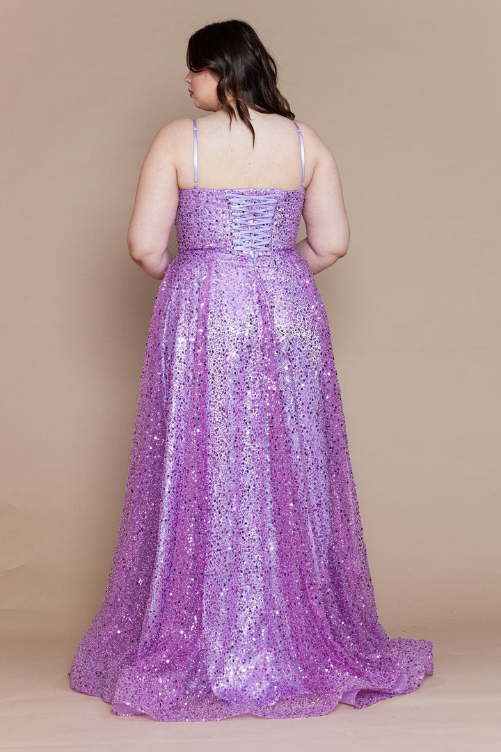 Plus Size Sequin Sleeveless A-line Slit Gown by Poly USA W1142