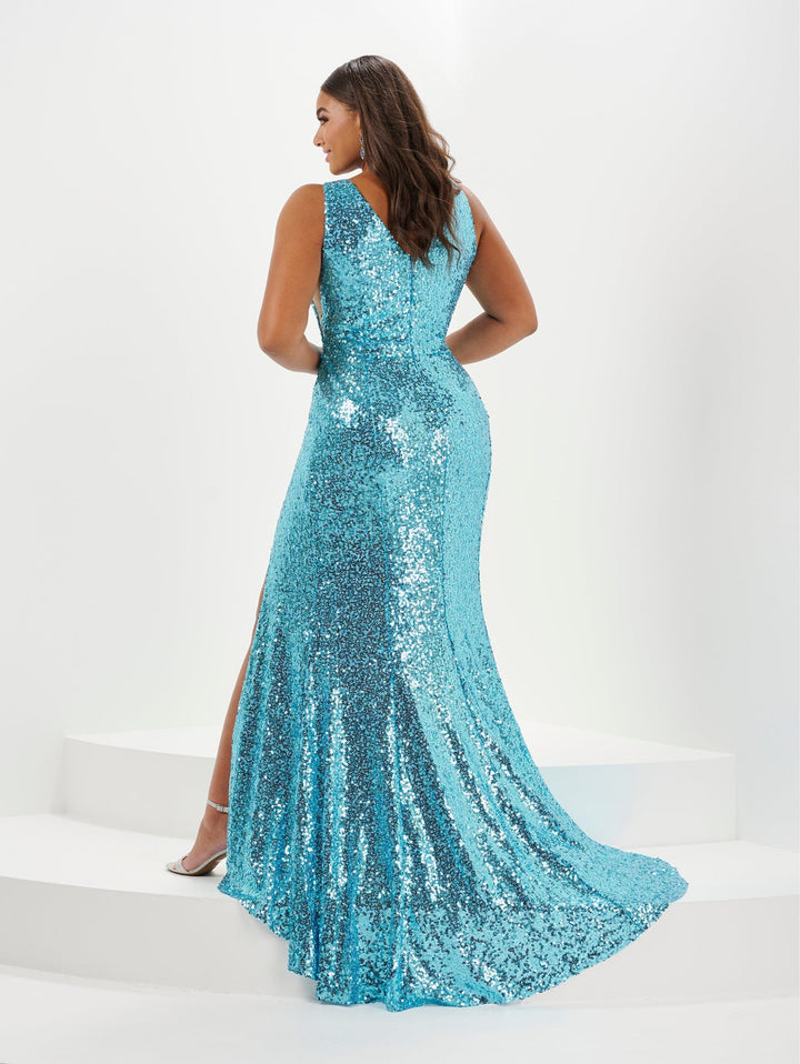 Plus Size Sequin V-Neck Slit Gown by Tiffany Designs 16130
