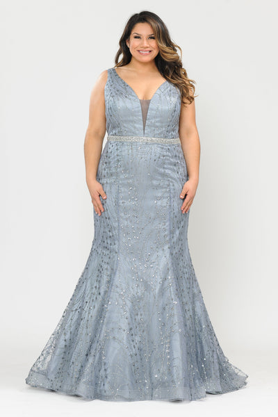 Plus Size Sheer V-Neck Glitter Mermaid Dress by Poly USA W1092