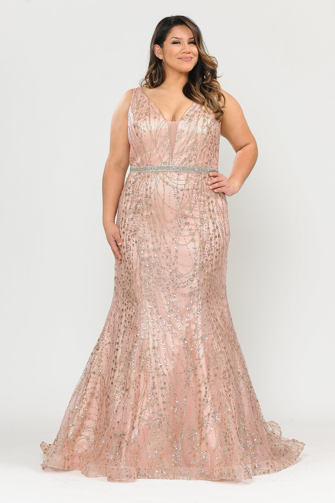 Plus Size Sheer V-Neck Glitter Mermaid Dress by Poly USA W1092