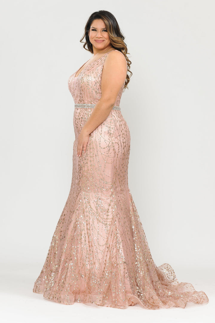 Plus Size Sheer V-Neck Glitter Mermaid Dress by Poly USA W1092