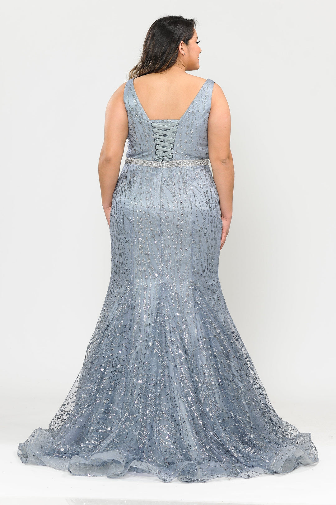 Plus Size Sheer V-Neck Glitter Mermaid Dress by Poly USA W1092
