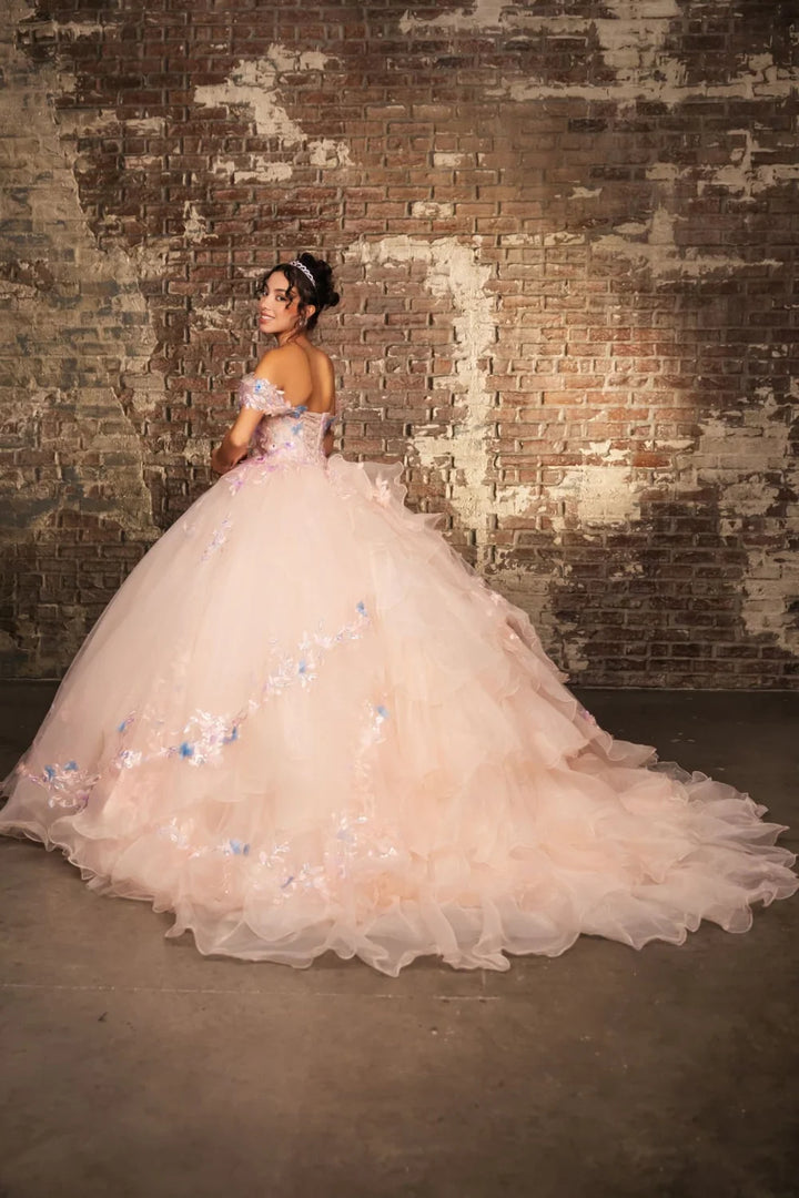 Floral Off Shoulder Ruffled Ball Gown by May Queen LK247