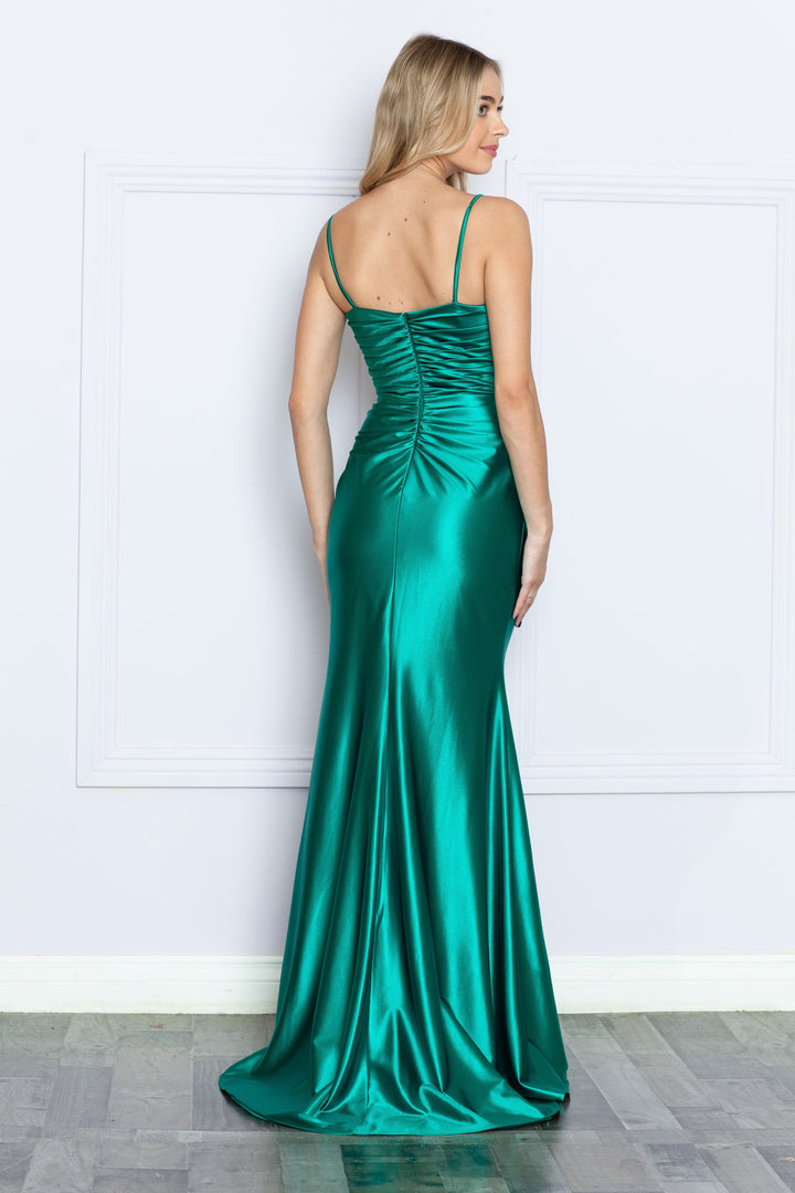 Ruched Embroidered Slit Gown by Poly USA 9254