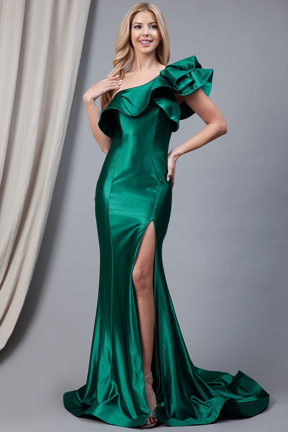 Ruffled One Shoulder Slit Gown by Amelia Couture 5042
