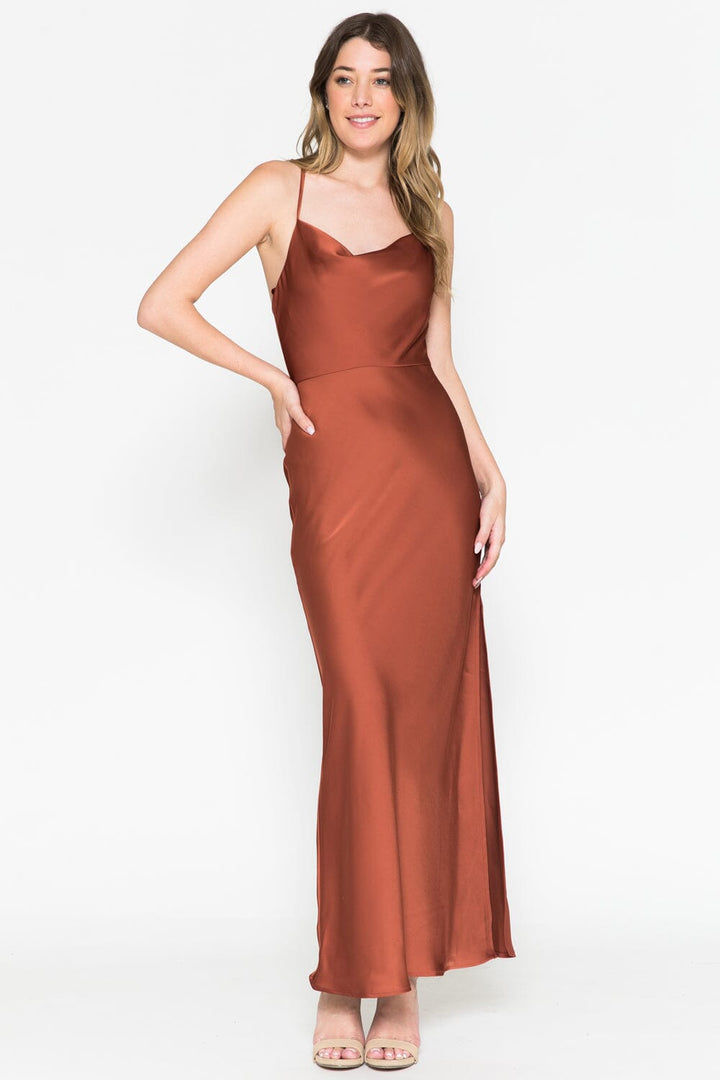 Satin Cowl Tea Length Dress by Amelia Couture 6115