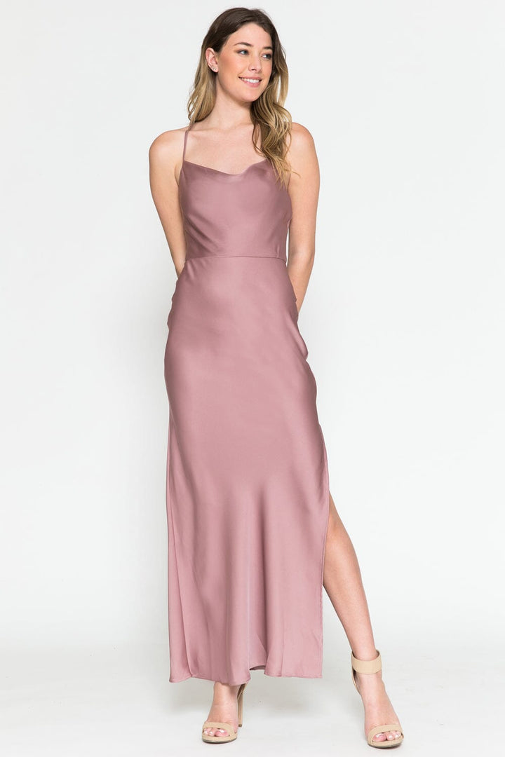 Satin Cowl Tea Length Dress by Amelia Couture 6115