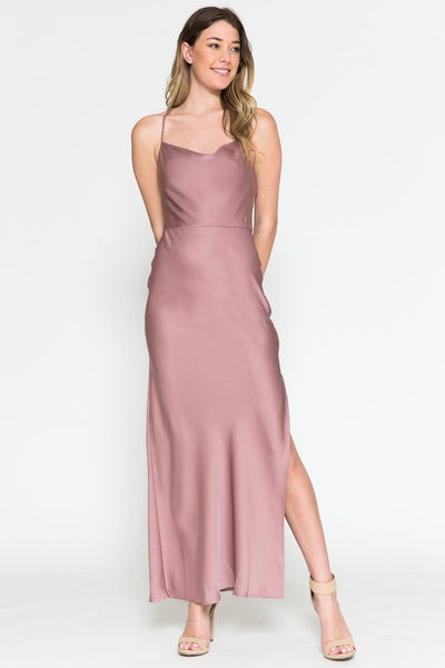 Satin Cowl Tea Length Dress by Amelia Couture 6115