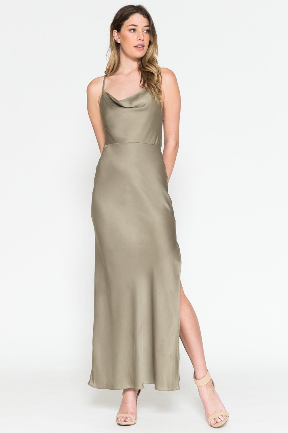 Satin Cowl Tea Length Dress by Amelia Couture 6115 16 / Olive Green Satin Cowl Tea Length Dress by Amelia Couture 6115 16 / Olive Green