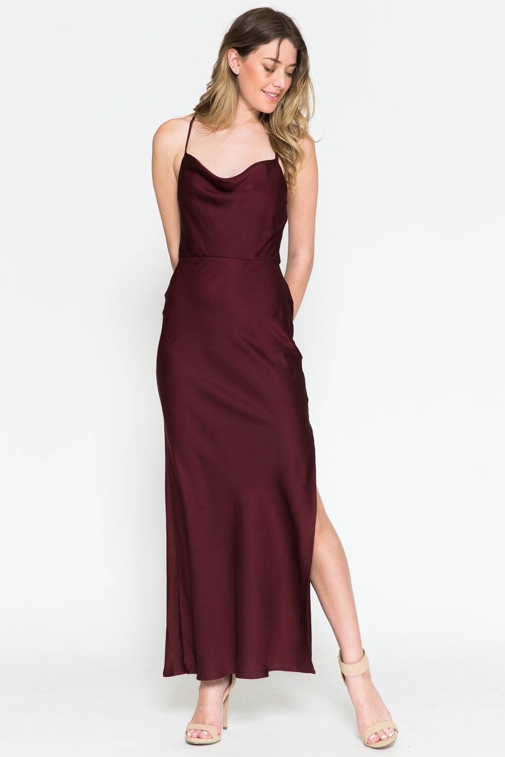 Satin Cowl Tea Length Dress by Amelia Couture 6115