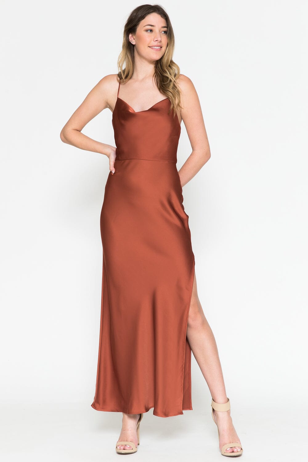 Satin Cowl Tea Length Dress by Amelia Couture 6115