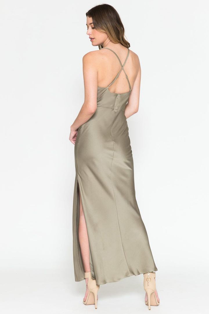 Satin Cowl Tea Length Dress by Amelia Couture 6115