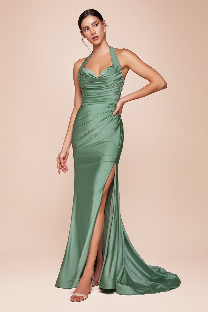 Satin Fitted Long Halter Slit Dress by Ladivine CD796