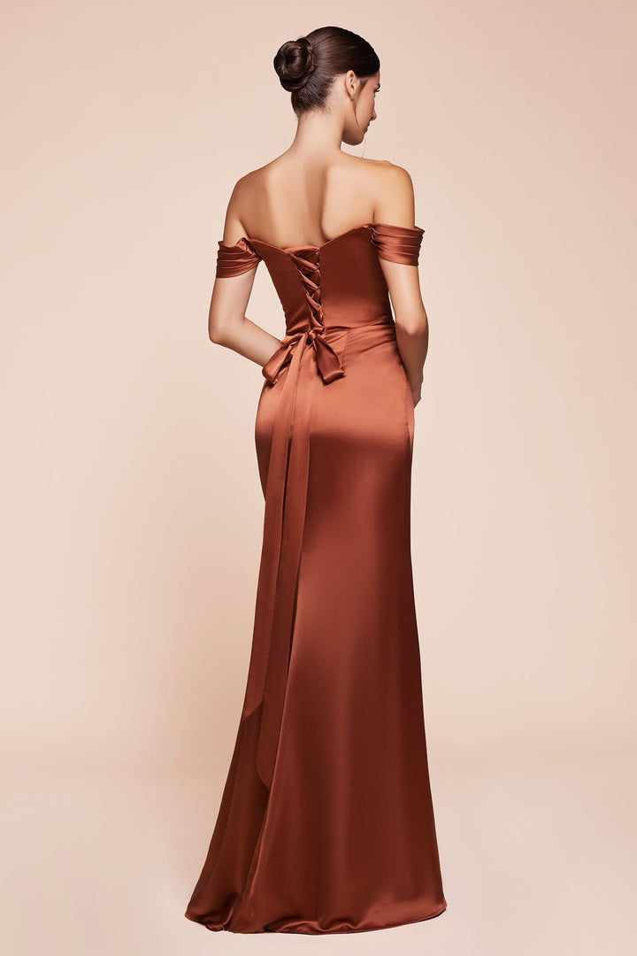 Satin Fitted Off Shoulder Slit Gown by Ladivine 7452