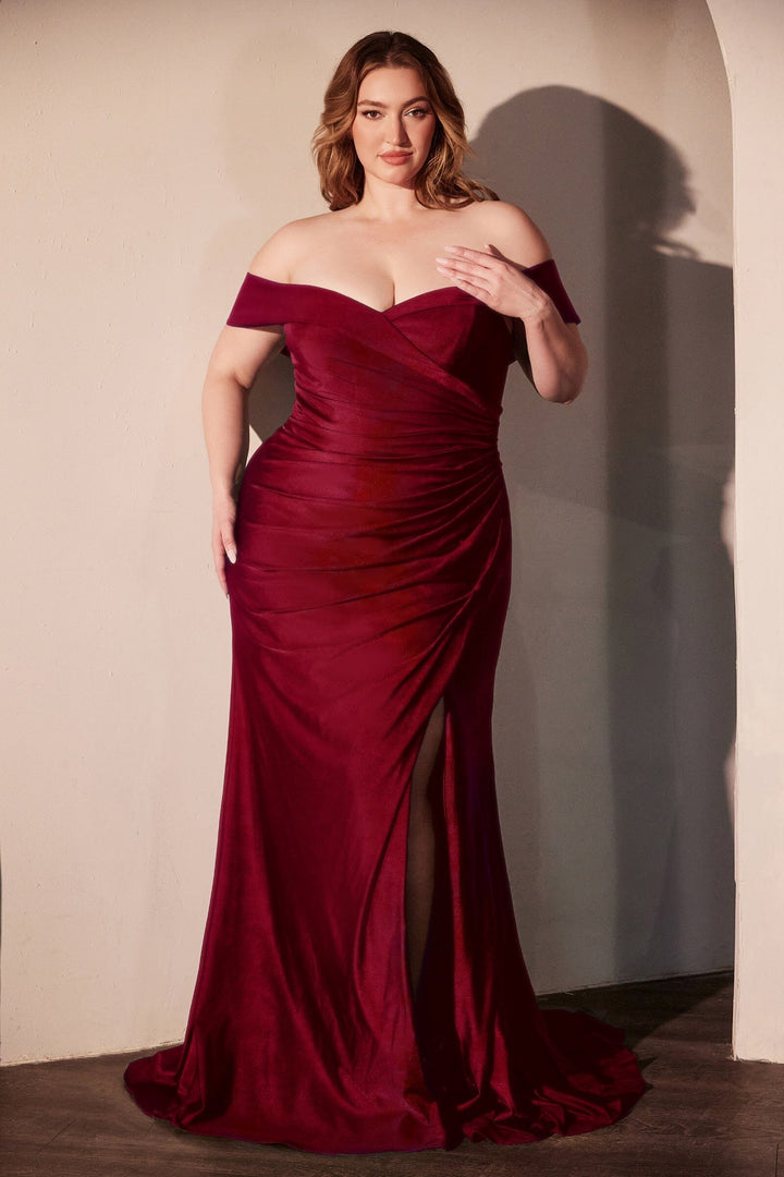 Satin Fitted Off Shoulder Slit Gown by Ladivine CD790