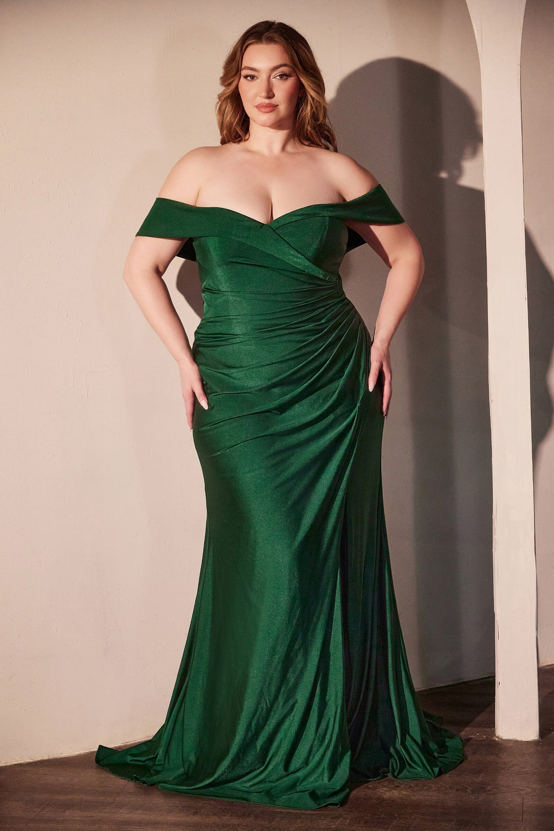 Satin Fitted Off Shoulder Slit Gown by Ladivine CD790