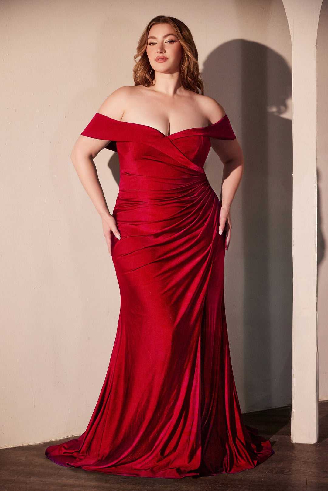 Satin Fitted Off Shoulder Slit Gown by Ladivine CD790
