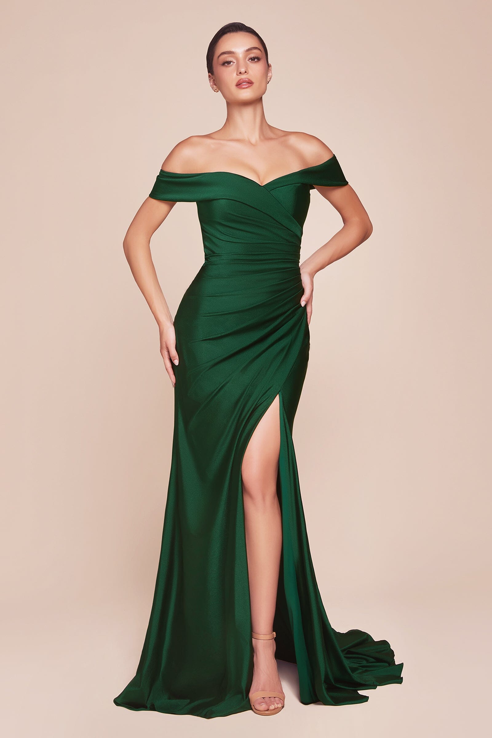 Satin Fitted Off Shoulder Slit Gown by Ladivine CD790 – ABC Fashion
