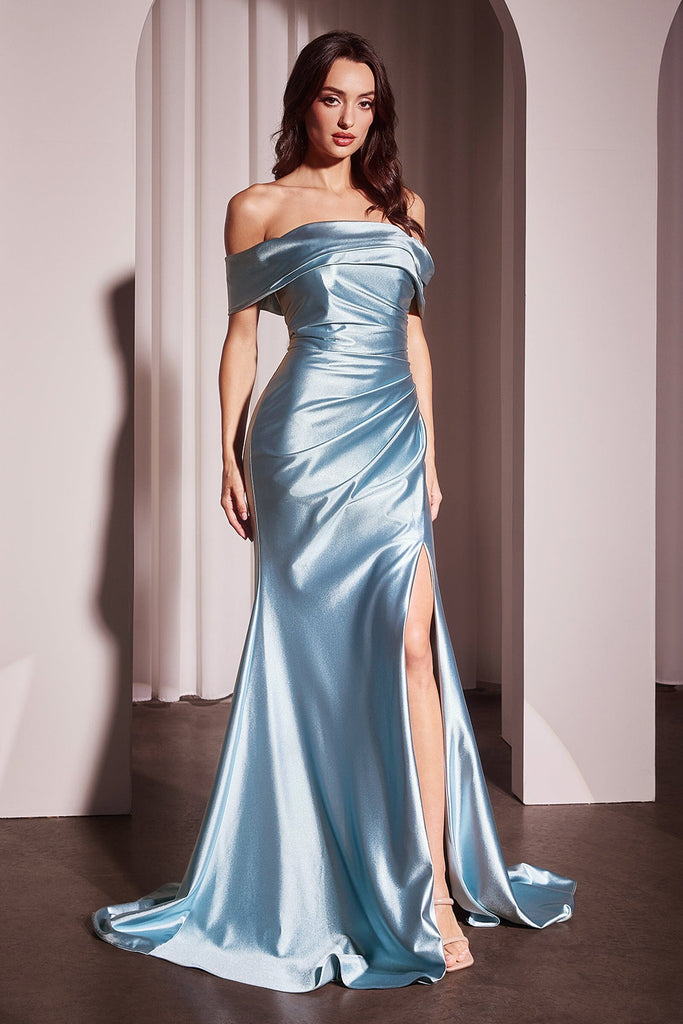 Satin Fitted Off Shoulder Slit Gown by Ladivine J877 – ABC Fashion
