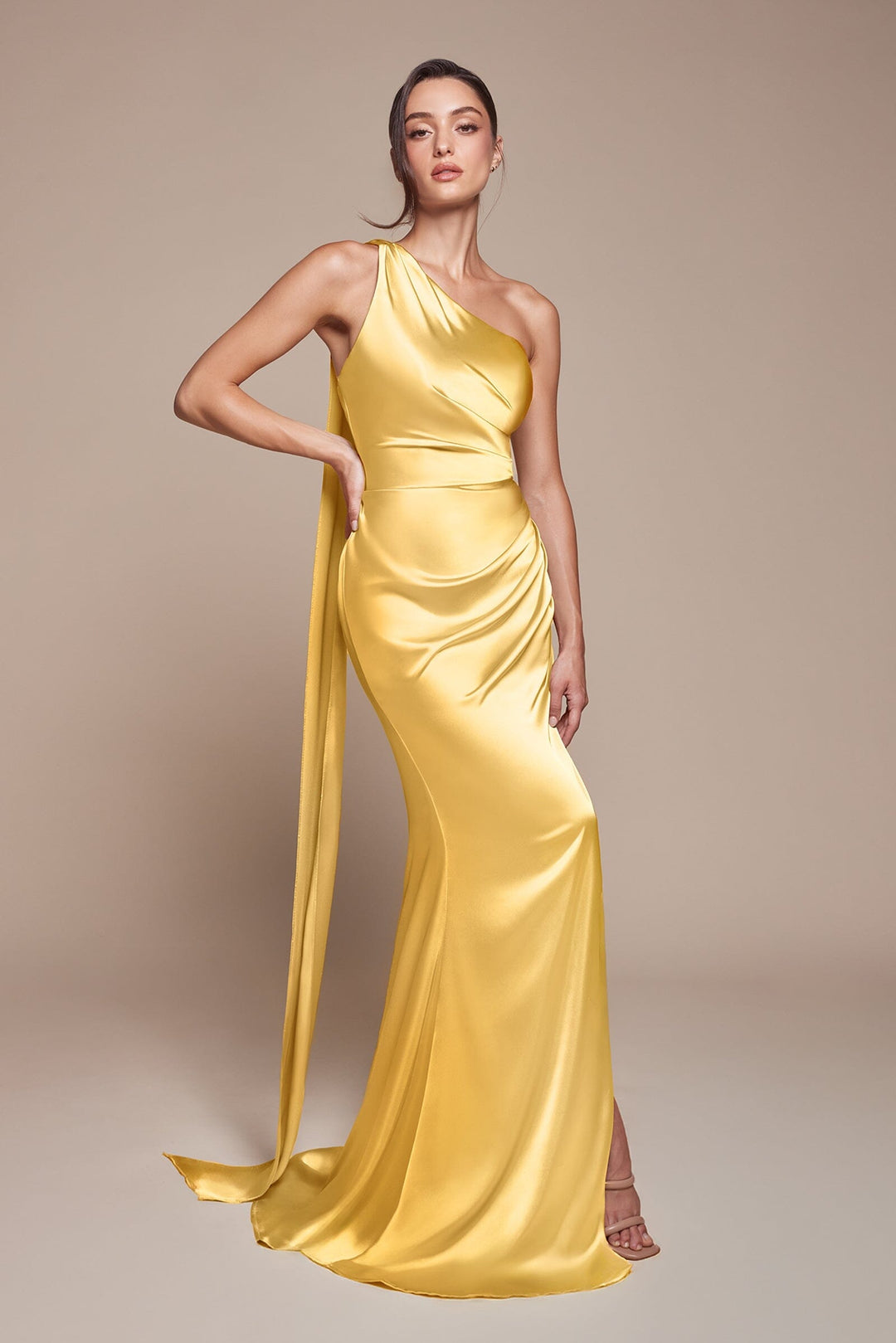 Satin Fitted One Shoulder Slit Gown by Ladivine 7454